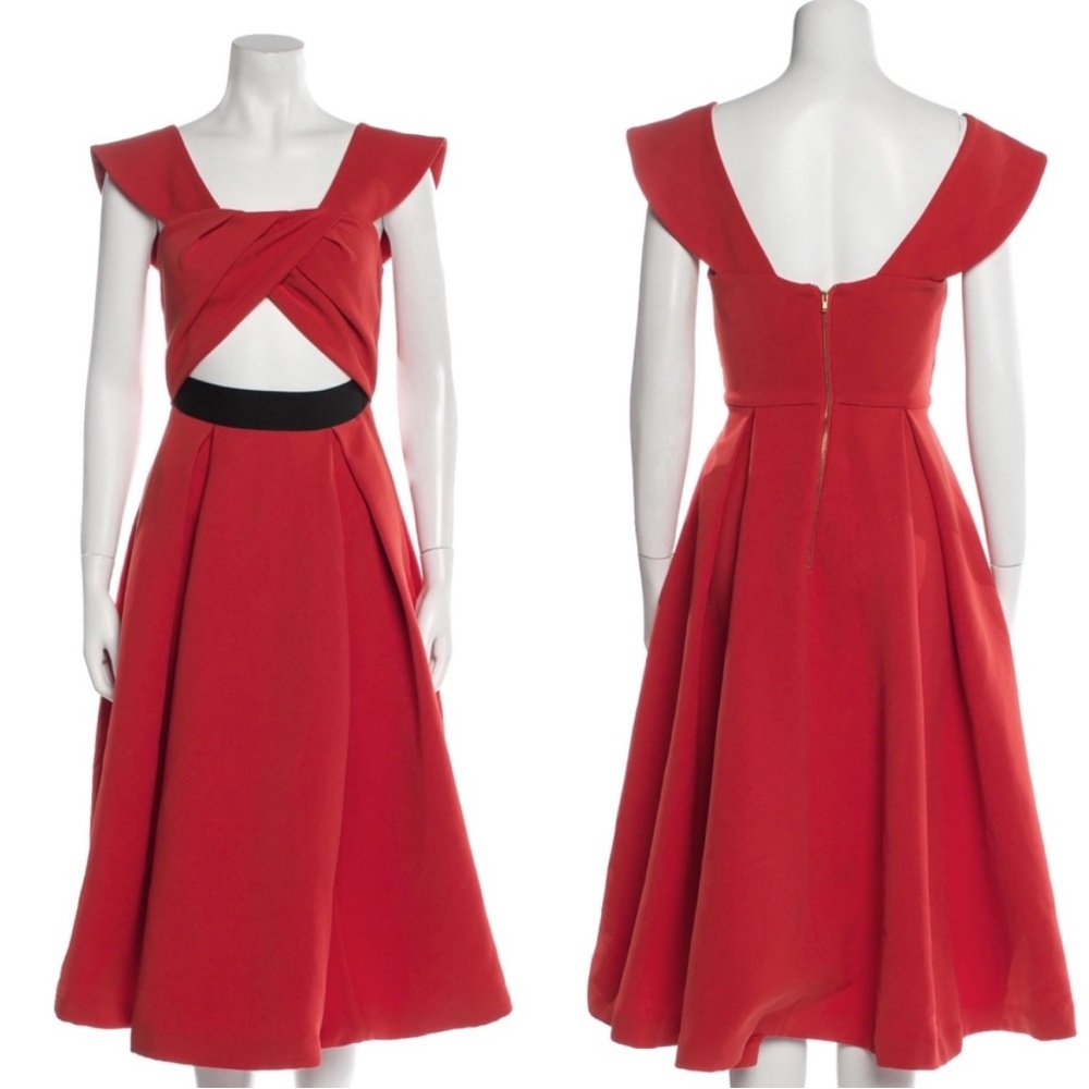 Rare Mr Self-Portrait Red Dress Eyelet Cutout Double-Crepe Dress off shoulder